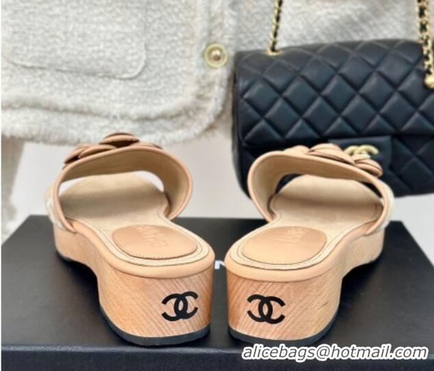 Top Design Chanel CC Print Canvas Heel Slides Sandal 4cm with Camellia Bloom Beige 701135