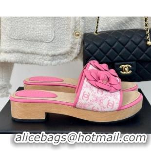 Good Looking Chanel CC Print Canvas Heel Slides Sandal 4cm with Camellia Bloom Pink 701136