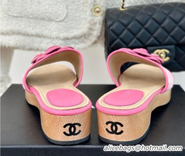 Good Looking Chanel CC Print Canvas Heel Slides Sandal 4cm with Camellia Bloom Pink 701136