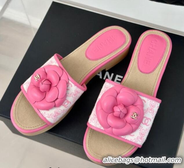 Good Looking Chanel CC Print Canvas Heel Slides Sandal 4cm with Camellia Bloom Pink 701136