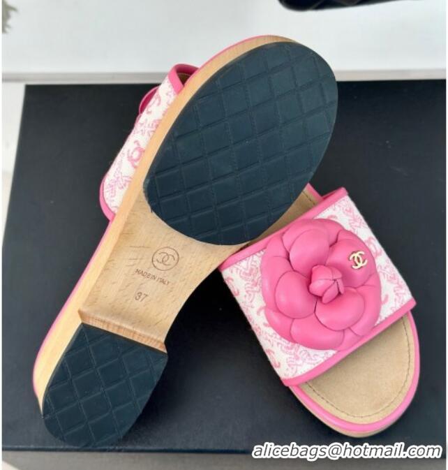 Good Looking Chanel CC Print Canvas Heel Slides Sandal 4cm with Camellia Bloom Pink 701136