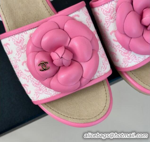 Good Looking Chanel CC Print Canvas Heel Slides Sandal 4cm with Camellia Bloom Pink 701136