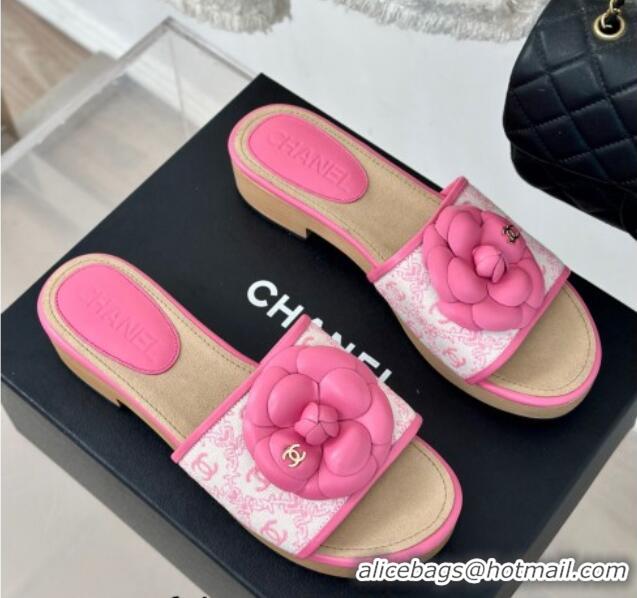 Good Looking Chanel CC Print Canvas Heel Slides Sandal 4cm with Camellia Bloom Pink 701136