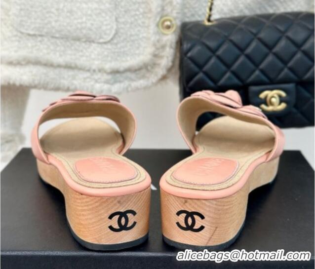 Sumptuous Chanel Calfskin Heel Slides Sandal 4cm with Camellia Bloom Coral Pink 701137