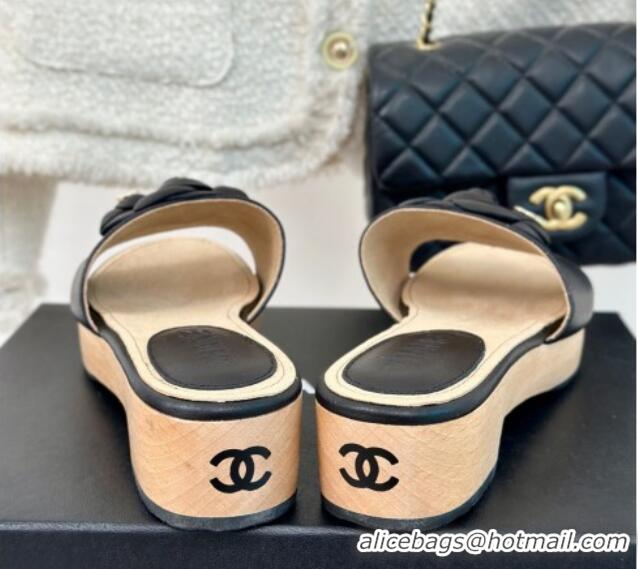 Grade Chanel Calfskin Heel Slides Sandal 4cm with Camellia Bloom Black 701138