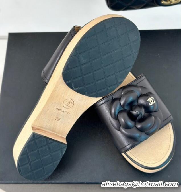 Grade Chanel Calfskin Heel Slides Sandal 4cm with Camellia Bloom Black 701138