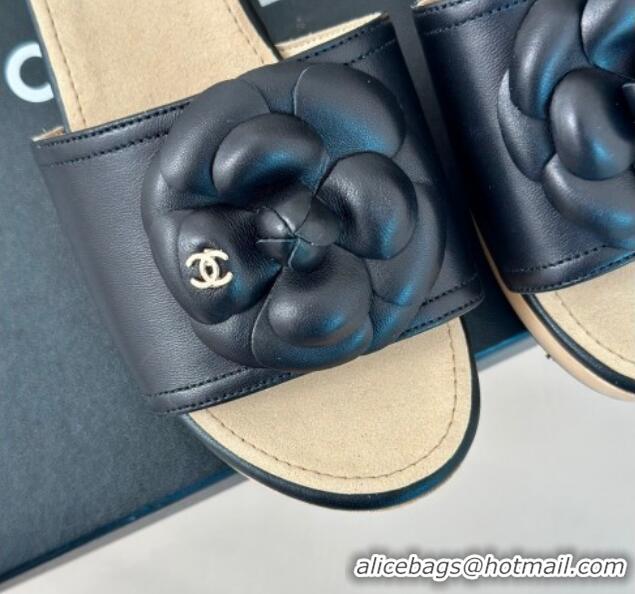 Grade Chanel Calfskin Heel Slides Sandal 4cm with Camellia Bloom Black 701138