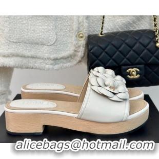 Charming Chanel Calfskin Heel Slides Sandal 4cm with Camellia Bloom White 701139