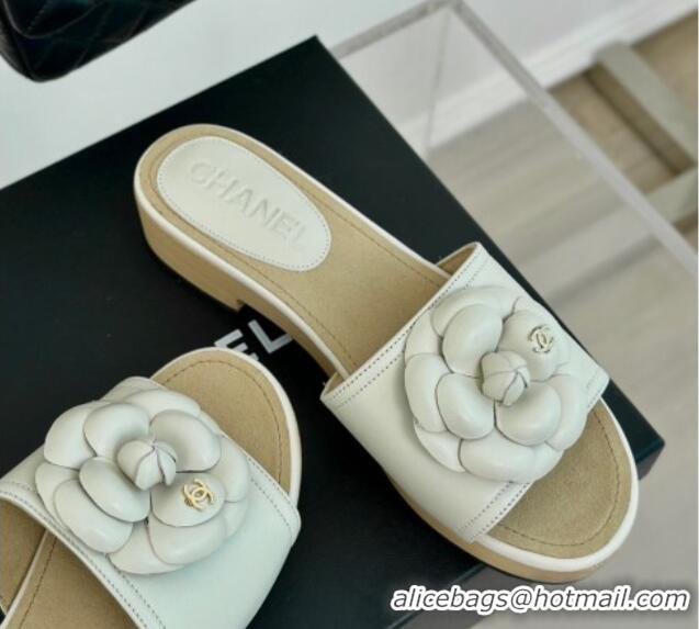 Charming Chanel Calfskin Heel Slides Sandal 4cm with Camellia Bloom White 701139