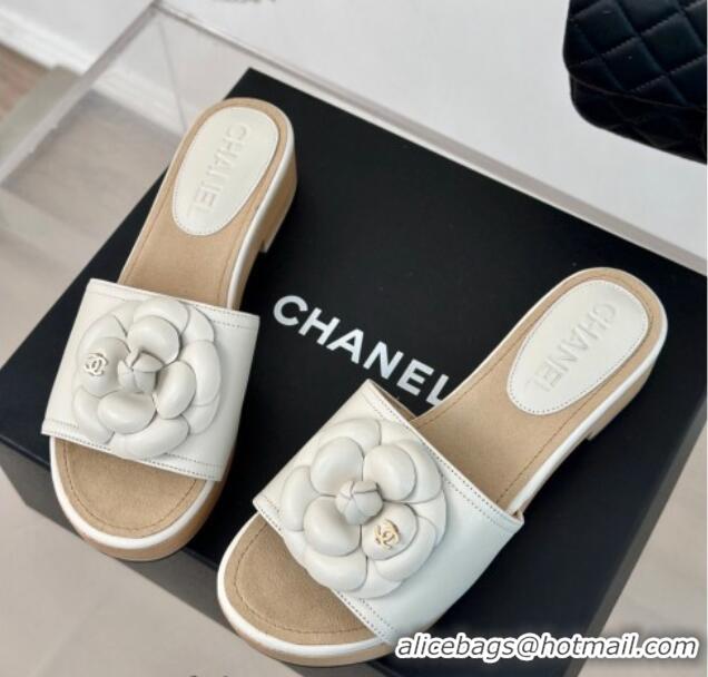 Charming Chanel Calfskin Heel Slides Sandal 4cm with Camellia Bloom White 701139