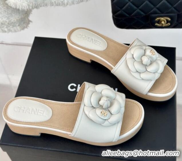 Charming Chanel Calfskin Heel Slides Sandal 4cm with Camellia Bloom White 701139