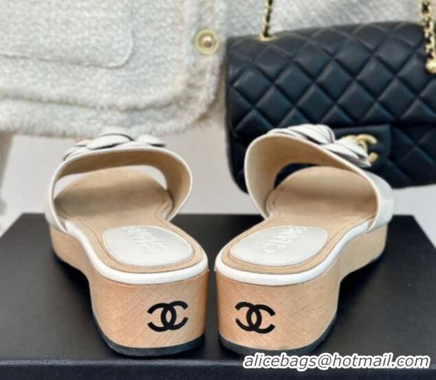 Charming Chanel Calfskin Heel Slides Sandal 4cm with Camellia Bloom White 701139