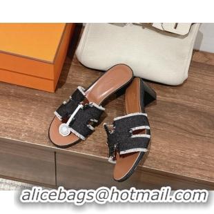 Good Product Hermes Oasis Heel Slide Sandals 5cm in Fringe Denim Black 606001