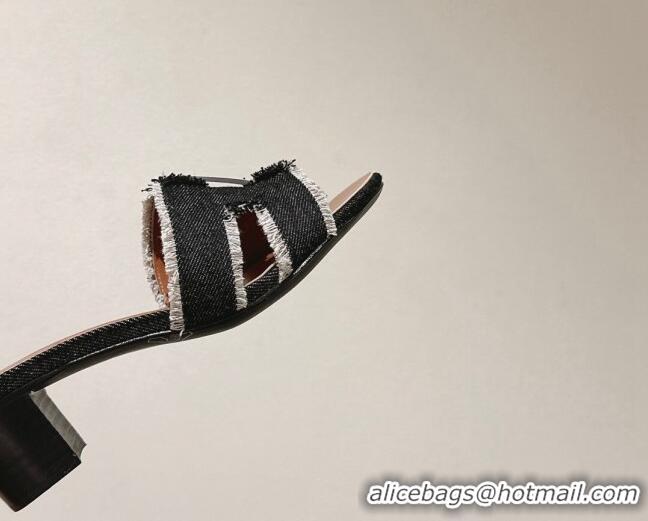 Good Product Hermes Oasis Heel Slide Sandals 5cm in Fringe Denim Black 606001