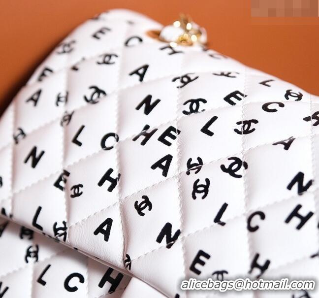 Super Quality Chanel Lambskin Classic 11.12 Medium Flap Bag with Letters Print 0627 White 2024