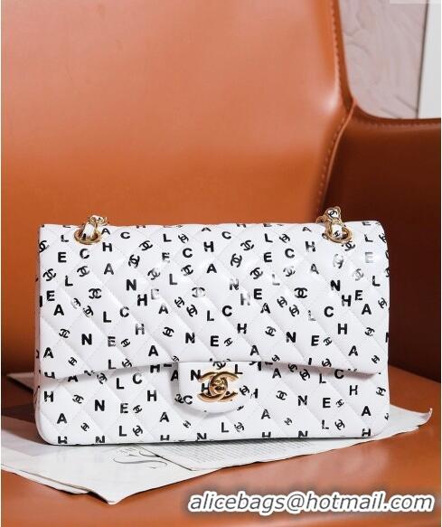 Super Quality Chanel Lambskin Classic 11.12 Medium Flap Bag with Letters Print 0627 White 2024