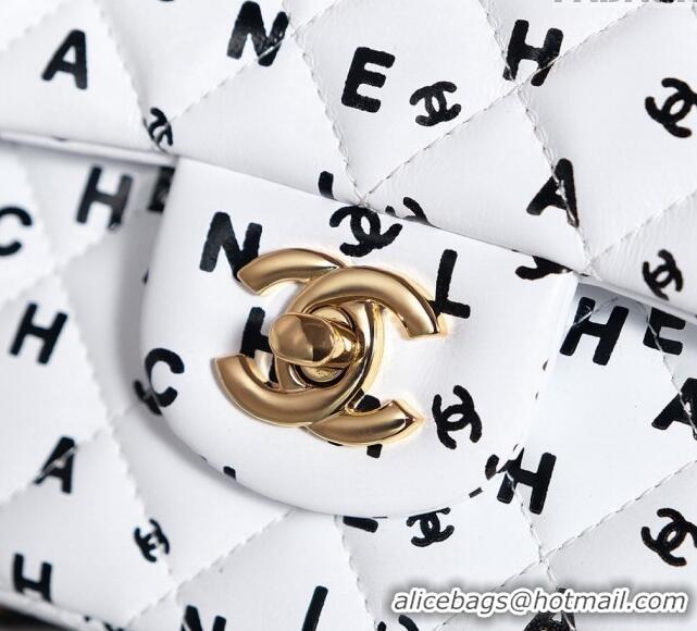 Super Quality Chanel Lambskin Classic 11.12 Medium Flap Bag with Letters Print 0627 White 2024