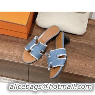 Stylish Hermes Oasis Heel Slide Sandals 5cm in Fringe Denim Blue 606003