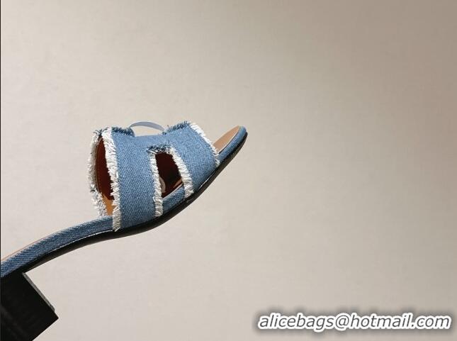 Stylish Hermes Oasis Heel Slide Sandals 5cm in Fringe Denim Blue 606003