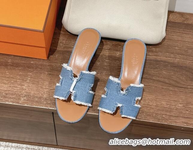 Stylish Hermes Oasis Heel Slide Sandals 5cm in Fringe Denim Blue 606003