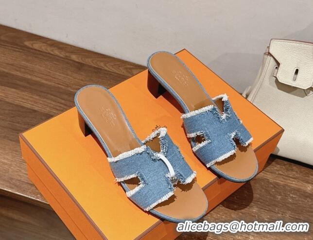 Stylish Hermes Oasis Heel Slide Sandals 5cm in Fringe Denim Blue 606003