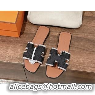 Best Product Hermes Oran Flat Slide Sandals in Fringe Denim Black 606002