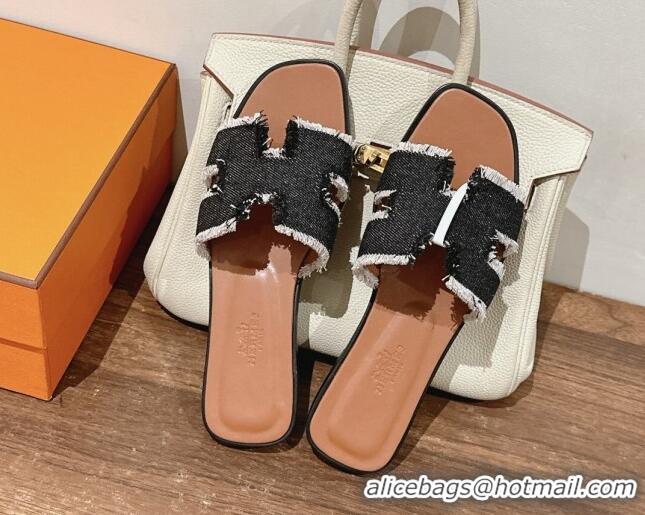 Best Product Hermes Oran Flat Slide Sandals in Fringe Denim Black 606002