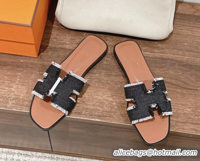 Best Product Hermes Oran Flat Slide Sandals in Fringe Denim Black 606002