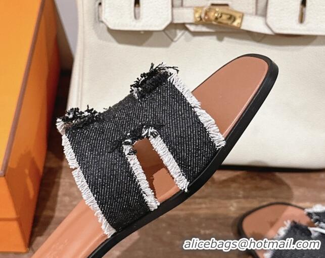 Best Product Hermes Oran Flat Slide Sandals in Fringe Denim Black 606002