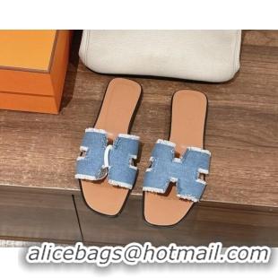 Top Design Hermes Oran Flat Slide Sandals in Fringe Denim Blue 606004