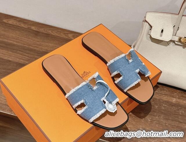 Top Design Hermes Oran Flat Slide Sandals in Fringe Denim Blue 606004