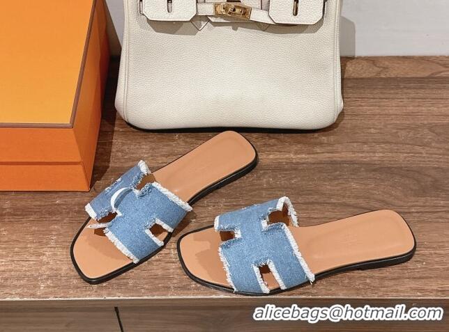 Top Design Hermes Oran Flat Slide Sandals in Fringe Denim Blue 606004