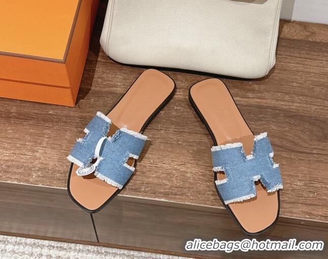 Top Design Hermes Oran Flat Slide Sandals in Fringe Denim Blue 606004