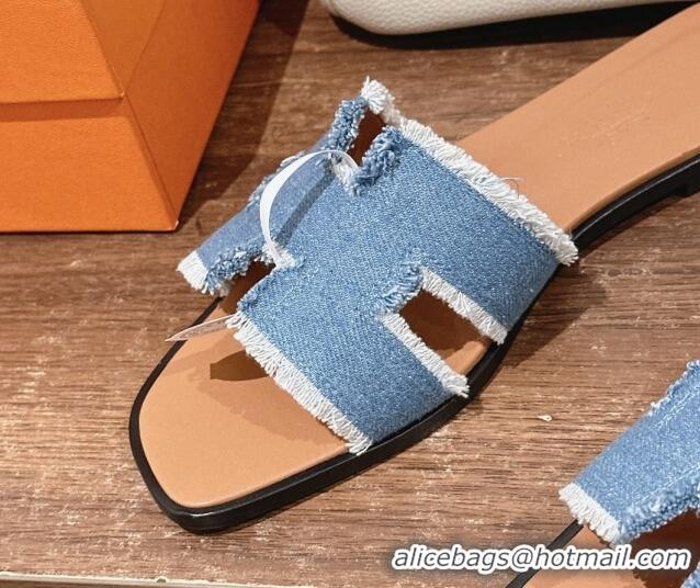 Top Design Hermes Oran Flat Slide Sandals in Fringe Denim Blue 606004