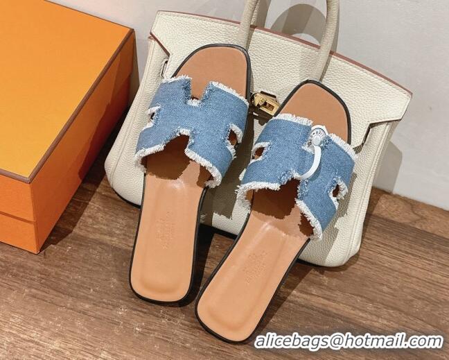 Top Design Hermes Oran Flat Slide Sandals in Fringe Denim Blue 606004