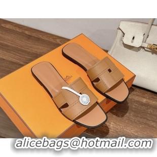 Duplicate Hermes Idioma Flat Slide Sandals in Calfskin with "Mosaique" Motif Light Brown 606006