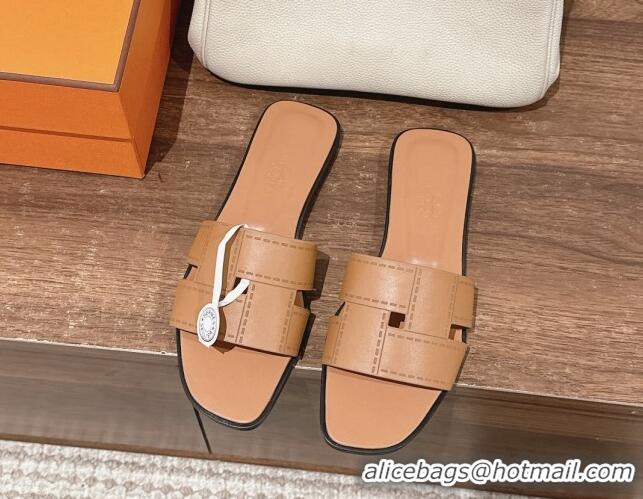 Duplicate Hermes Idioma Flat Slide Sandals in Calfskin with 