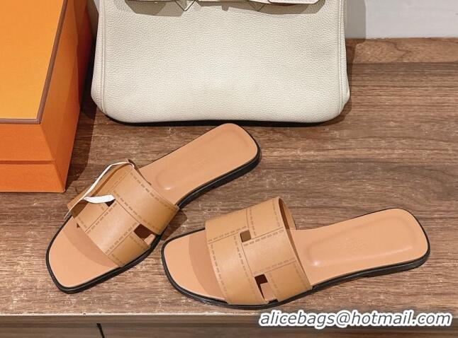 Duplicate Hermes Idioma Flat Slide Sandals in Calfskin with 