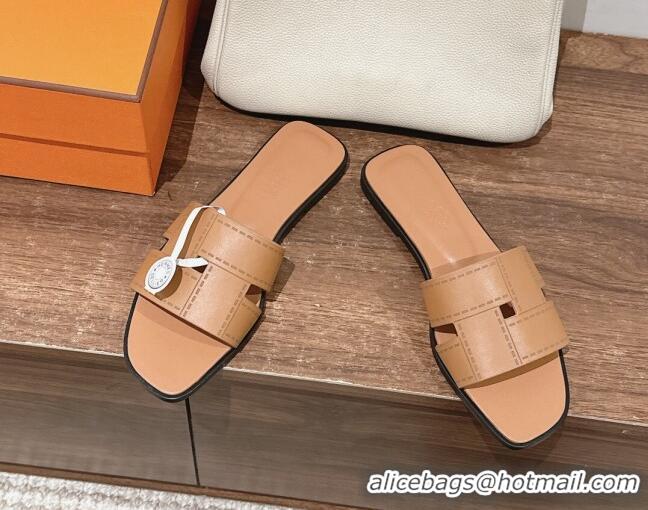 Duplicate Hermes Idioma Flat Slide Sandals in Calfskin with 