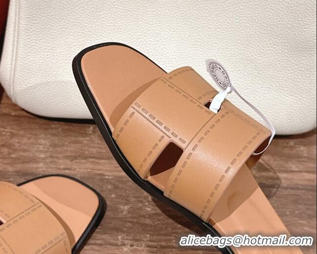 Duplicate Hermes Idioma Flat Slide Sandals in Calfskin with 