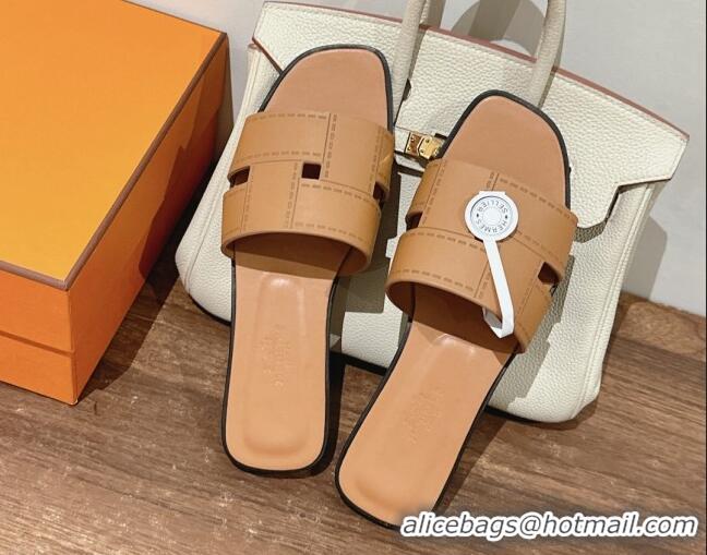 Duplicate Hermes Idioma Flat Slide Sandals in Calfskin with 