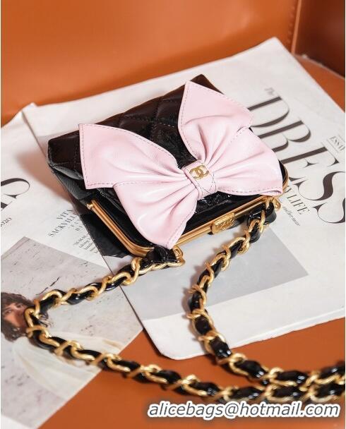 Famous Brand Chanel Patent Crumpled Lambskin Clutch with Chain and Bow AP4028 Black/Pink 2024