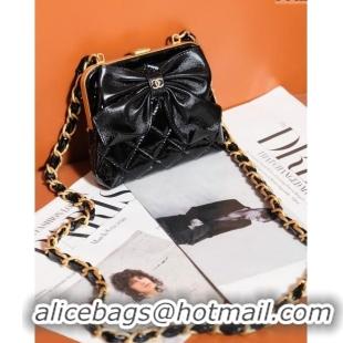 Promotional Chanel Patent Crumpled Lambskin Clutch with Chain and Bow AP4028 Black 2024