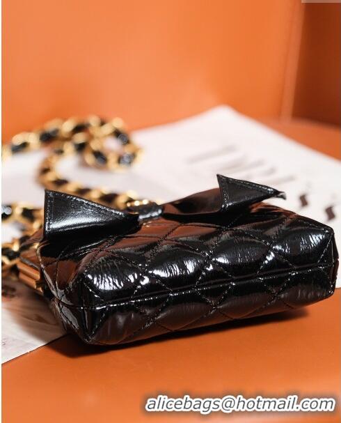 Promotional Chanel Patent Crumpled Lambskin Clutch with Chain and Bow AP4028 Black 2024