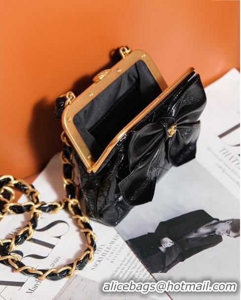 Promotional Chanel Patent Crumpled Lambskin Clutch with Chain and Bow AP4028 Black 2024