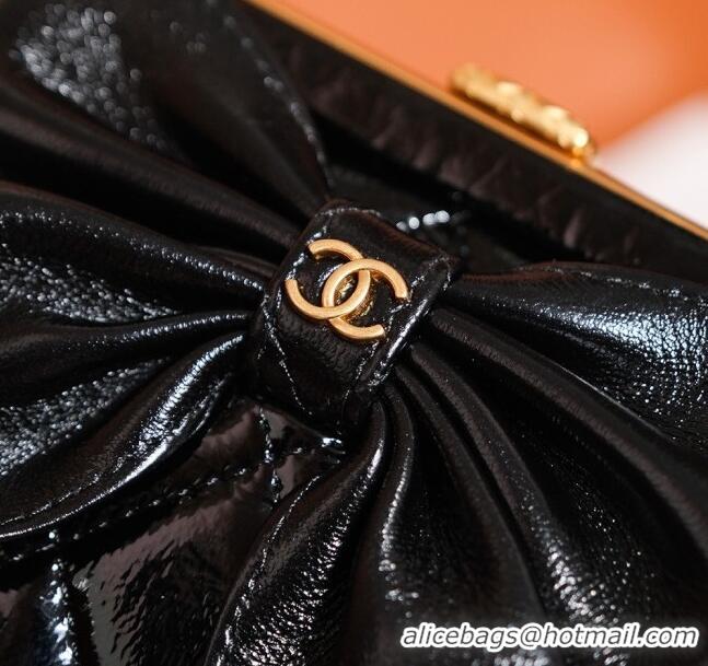 Promotional Chanel Patent Crumpled Lambskin Clutch with Chain and Bow AP4028 Black 2024