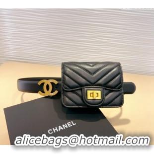 New Style Chanel Boy Chevron Lambskin Pouch Belt with CC 0708 Black 2024