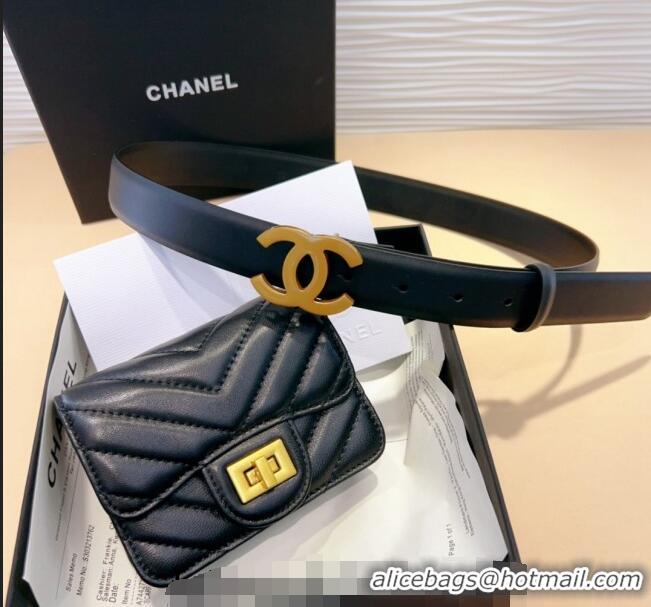 New Style Chanel Boy Chevron Lambskin Pouch Belt with CC 0708 Black 2024