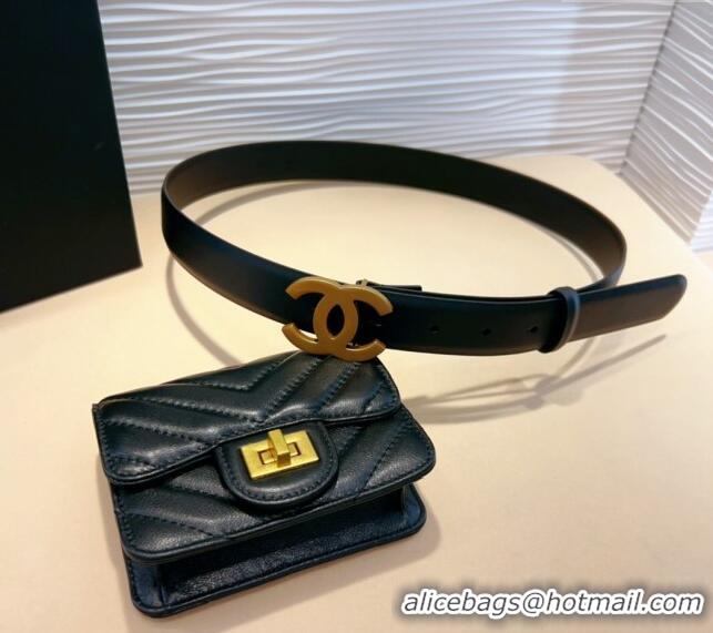 New Style Chanel Boy Chevron Lambskin Pouch Belt with CC 0708 Black 2024