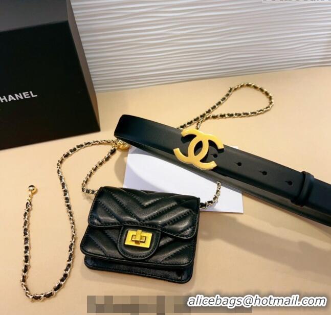 New Style Chanel Boy Chevron Lambskin Pouch Belt with CC 0708 Black 2024